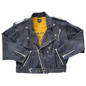 Vtg CODE ZERO Lion METAL Epaulettes PUNK Denim MOTORCYCLE Belted Jacket M 🔥🔥